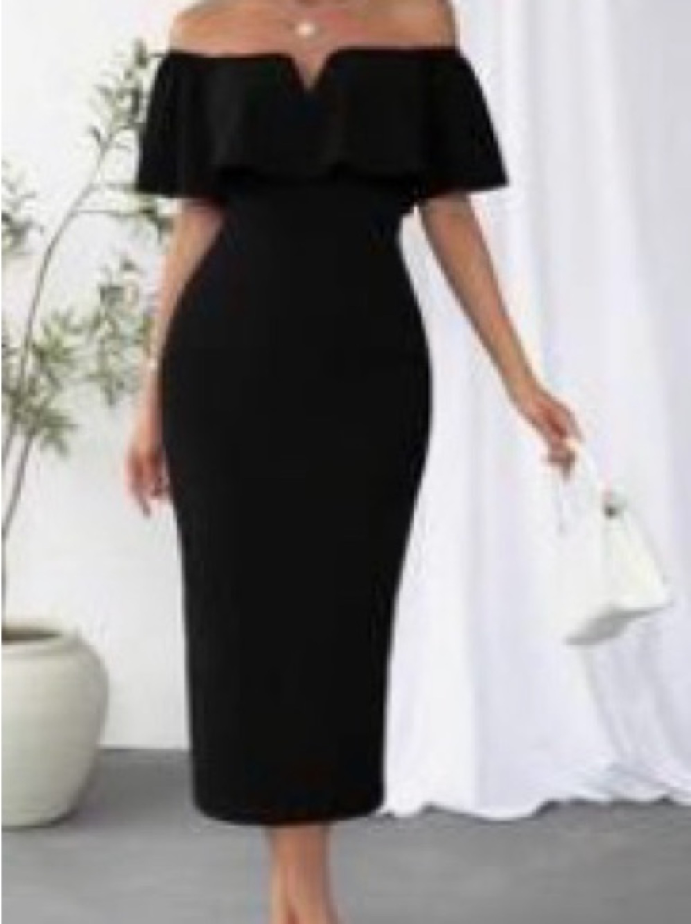 Off-Shoulder Black Midi Dress with Ruffle Detail